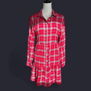 LOFT Red Plaid Long Sleeve Dress